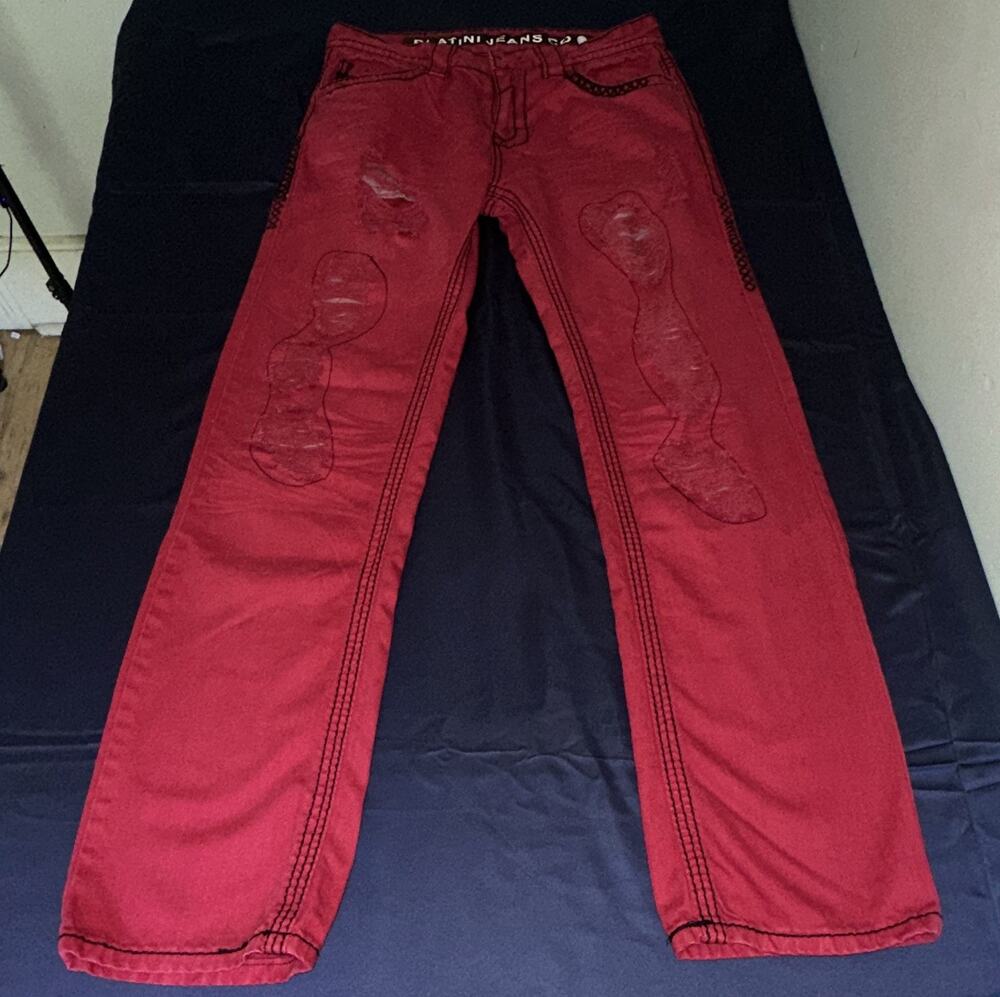 Platini Red Denim Jeans Men's Straight Slim Fit Medium Wash Distressed 5-Pocket